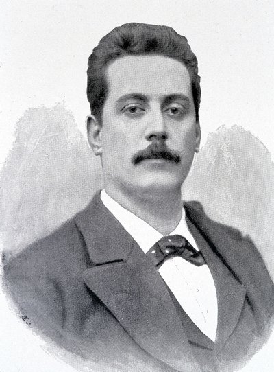 गियाकोमो पुक्किनी का पोर्ट्रेट, इतालवी संगीतकार (1858-1924), 19वीं शताब्दी को उकेरा गया। द्वारा अज्ञात कलाकार