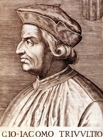 फ्रेंच Trivulce में Giangiacomo Trivulzio (मार्शल Trivulce) Marquis de Vigevano का पोर्ट्रेट। फ्रांस के मार्शल (1448 से 1518)। 17वीं शताब्दी की नक्काशी द्वारा अज्ञात कलाकार