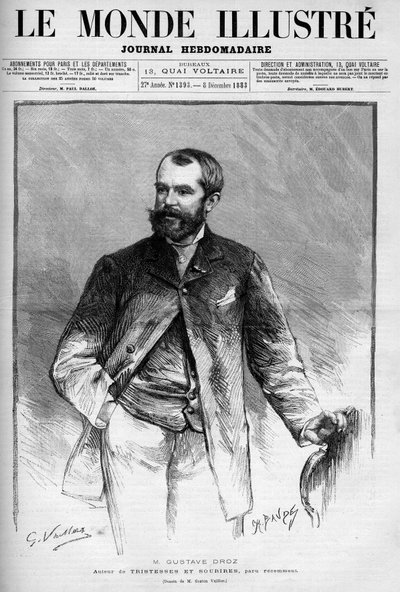 गुस्ताव ड्रोज़ का पोर्ट्रेट (1832-1895), फ्रांसीसी चित्रकार और उपन्यासकार। "" ले मोंडे इलस्ट्रे "" में उत्कीर्णन द्वारा अज्ञात कलाकार