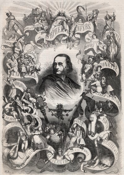 जैक्स ऑफ़ेनबैक (1819-1880) का पोर्ट्रेट, फ्रांसीसी संगीतकार और थिएटर डेस बौफ़्स पेरिसियन्स के निर्देशक, उनके कार्यों के पात्रों से घिरे हुए - "ले मोंडे इलस्ट्रे" में उत्कीर्णन द्वारा अज्ञात कलाकार