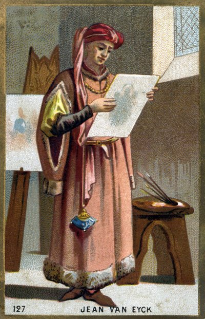 जन वैन आइक का पोर्ट्रेट (1390 -1441) फ्लेमिश चित्रकार - एक लिरिपिपियन की हेडड्रेस। 19 वीं शताब्दी की क्रोमोलिथोग्राफी। द्वारा अज्ञात कलाकार