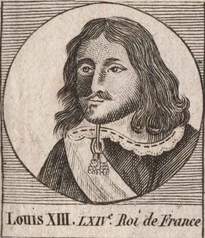 लुई XIII का पोर्ट्रेट जस्टे (1601-1643) फ्रांस के राजा - लुई XIII, 1610 से 1643 तक फ्रांस के राजा - चार्ल्स कॉन्स्टेंट ले टेलर 1821 द्वारा "इंस्ट्रक्शन सुर ल हिस्टोइरे डी फ्रांस" से उत्कीर्णन द्वारा अज्ञात कलाकार