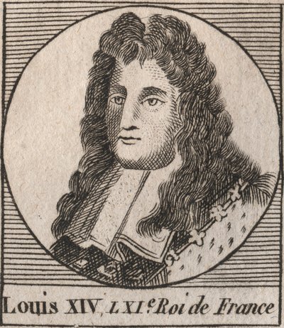 लुई XIV (1638-1715) का पोर्ट्रेट, फ्रांस के राजा लुइस द ग्रेट या किंग सोलेई - लुई XIV, जिसे लुई द ग्रेट या सन किंग के नाम से जाना जाता है - चार्ल्स कॉन्स्टेंट द्वारा "इंस्ट्रक्शन सुर ल हिस्टोइरे डी फ्रांस" से उत्कीर्णन ले टेलर 1821 द्वारा अज्ञात कलाकार