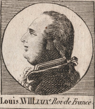 लुई XVIII (1755-1824) का पोर्ट्रेट, 1814 से 1815 तक और 1815 से 1824 तक डिज़ायर, फ्रांस के राजा और नवरे का उपनाम - लुई XVIII, जिसे वांछित, फ्रांस के राजा के रूप में जाना जाता है - "निर्देश सुर ल हिस्टोइरे डे" से उत्कीर्णन फ्रांस ”चार्ल्स कॉन्स्टें द्वारा अज्ञात कलाकार