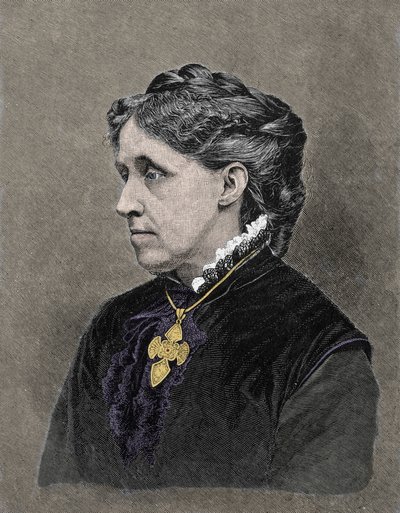 लुइसा मे अलकॉट का पोर्ट्रेट (1832-1888), अमेरिकी उपन्यासकार। 19 वीं सदी के रंग उत्कीर्णन। द्वारा अज्ञात कलाकार