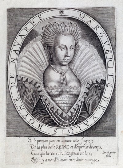 मार्गुराइट डी वालोइस (1553 - 1615) का पोर्ट्रेट जिसे क्वीन मार्गोट के नाम से जाना जाता है। 16वीं शताब्दी की नक्काशी। पऊ, मुसी दू चेटो द्वारा अज्ञात कलाकार