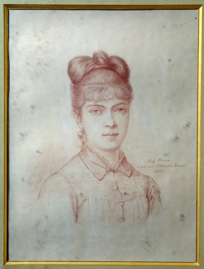 अलेक्जेंड्रे डुमास जूनियर (1824-1895) की बेटी मैरी अलेक्जेंड्रिन हेनरीट डुमास डेवी डे ला पाइलेटेरी डिट कोलेट (1860-1907) का पोर्ट्रेट "बेनामी ड्राइंग। 1878 विलर्स कॉटरेट्स। अलेक्जेंड्रे डुमास संग्रहालय द्वारा अज्ञात कलाकार
