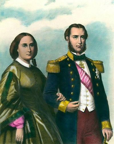 मैक्सिमिलियन I (1832-1867) का पोर्ट्रेट मेक्सिको के सम्राट और उनकी पत्नी बेल्जियम की चार्लोट (1840-1927)। 19वीं सदी का चित्रण। निजी संग्रह द्वारा अज्ञात कलाकार