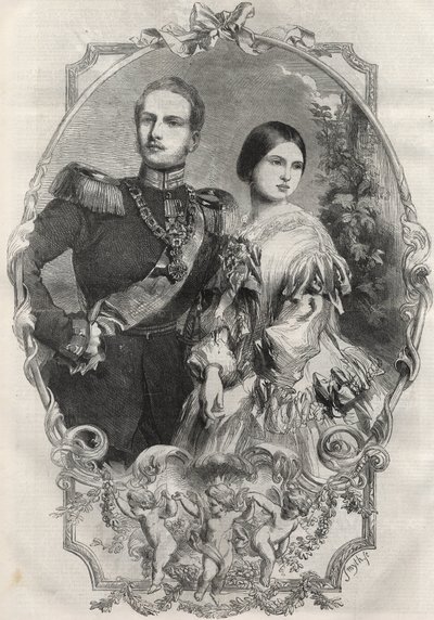 उनकी शाही महारानी राजकुमारी विक्टोरिया (1840-1901) (क्वीन विक्टोरिया) और प्रशिया के क्राउन प्रिंस फ्रेडरिक विलियम (1831-1888) का पोर्ट्रेट। 1858 से उत्कीर्णन। द्वारा अज्ञात कलाकार