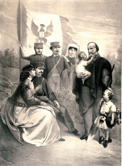 इतालवी देशभक्त और रिसोर्गिमेंटो ग्यूसेप गैरीबाल्डी (1807-1882) के नायकों का पोर्ट्रेट उनके बच्चों मेनोटी, रिकसिओटी स्टैंडिंग और टेरेसा, फ्रांसेस्का आर्मोसिनो और लिटिल मैन्लियो और क्लेलिया से घिरा हुआ है। १८७० के आसपास चित्रण। निजी संग्रह द्वारा अज्ञात कलाकार
