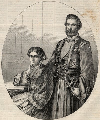 सर्बिया के राजकुमार माइकल III (1823-1868) और राजकुमारी जूली (1831-1919) का पोर्ट्रेट। "" ल 'विश्वविद्यालय शानदार" में उत्कीर्णन द्वारा अज्ञात कलाकार