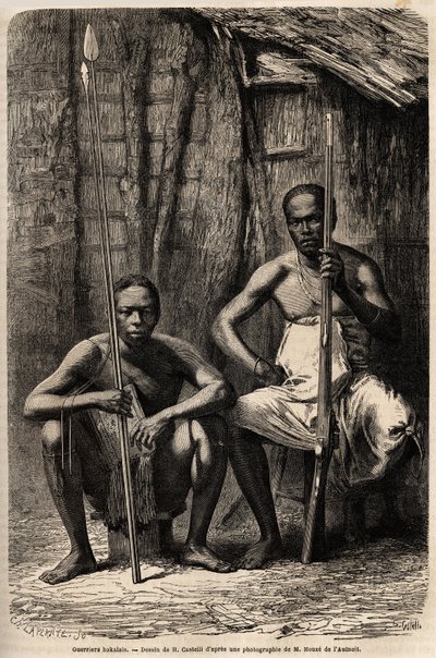 दो बकली योद्धाओं का चित्र। 1861-1864 में डॉक्टर ग्रिफॉन डू बेले की गैबॉन की यात्रा का वर्णन करने के लिए एच. कास्टेली द्वारा चित्रण। एडौर्ड चार्टन द्वारा संपादित "" ले टूर डू मोंडे "" में उत्कीर्णन द्वारा अज्ञात कलाकार