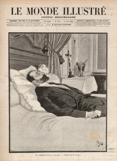 गणतंत्र के राष्ट्रपति सादी कार्नोट (1837-1894) उनकी मृत्युशय्या पर, ट्रेड यूनियन और अराजकतावादी आंदोलन के संदर्भ में, 24 जून को ल्योन प्रदर्शनी में, सैंटे कैसरियो (1873-1894) और बाद में उनकी हत्या कर दी गई थी। "ले मोंडे शानदार" में उत्कीर्णन f द्वारा अज्ञात कलाकार