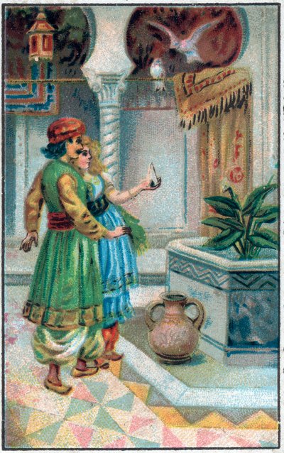 फीस के साथ प्रिंस अहमद। प्रिंस अहमद का इतिहास और शुल्क पेरिस-बनौ (परी बनौ) (परिबानु)। 1001 रातों की कहानी (हजार और एक रात की दास्तां)। 19वीं सदी के उत्तरार्ध की क्रोमोलिथोग्राफी। द्वारा अज्ञात कलाकार