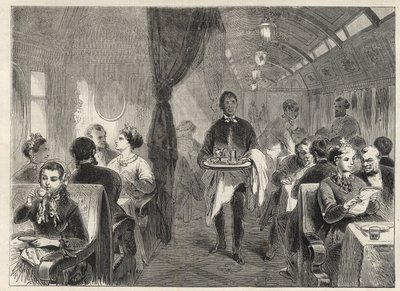 1869 में पैसिफिक रेलवे का पुलमैन डाइनिंग कैरिज - पैसिफिक रेलवे के एक वैगन होटल के अंदर - द्वारा अज्ञात कलाकार