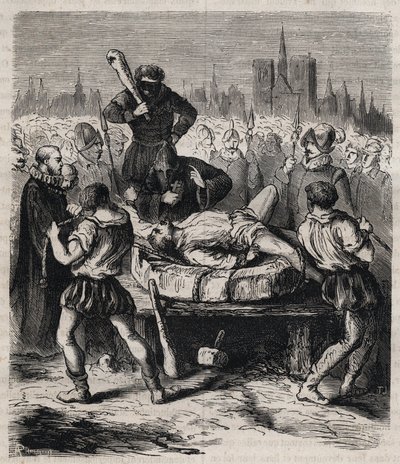 1610 में पेरिस में प्लेस डी ग्रीव पर राजा हेनरी चतुर्थ (1553-1610) के हत्यारे फ्रेंकोइस रैविलैक (1578-1610) की सजा - पियरे जैकोन (1817-1895) द्वारा "गुप्त, राजनीतिक और धार्मिक समाजों का इतिहास" में 1879 का उत्कीर्णन द्वारा अज्ञात कलाकार
