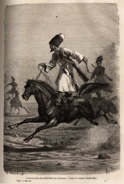 Cossacks की दौड़, अपनी काठी पर खड़े होकर संतुलन में चढ़ती है, सवार अपने घोड़ों को सरपट दौड़ाने के लिए कोड़े मारते हैं। काकेशस के प्रांतों में यात्रा को चित्रित करने के लिए उत्कीर्णन, बेसिल वेरेशागुइन द्वारा, 1864-1865 में, "ले टूर डू मोंडे, नूविया&quo द्वारा अज्ञात कलाकार