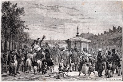 26 जुलाई, 1830 को पेरिस में रॉयल पैलेस के उद्यानों में समाचार पत्र मोनाइटूर में प्रकाशित होने वाले शासनों का प्रकाशन गृहयुद्ध के दौरान - क्रांति 1830 - जार्डिन डु पलाइस-रॉयल में ले मोनाइटुर में नुस्खे पढ़ना, 26 जुलाई, 1830 को शाम 7 बजे। - द्वारा अज्ञात