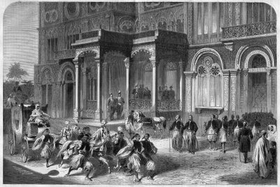 मिस्र के उप राजा इस्माइल पाशा (1830-1895) द्वारा उत्तरी जर्मनी परिसंघ के महावाणिज्य दूत द्वारा स्वागत। "" शानदार ब्रह्मांड "" में उत्कीर्णन द्वारा अज्ञात कलाकार