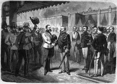 1873 में वियना में ऑस्ट्रिया के सम्राट फ्रेंकोइस जोसेफ I (फ्रेंकोइस-जोसेफ) (1830-1916) द्वारा इटली के राजा विटोरियो इमानुएल II (विक्टर इमैनुएल) (विक्टर इमैनुएल) (1820-1878) का स्वागत। "" में उत्कीर्णन शानदार ब्रह्मांड ”” द्वारा अज्ञात कलाकार