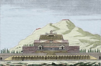 फिलिस्तीन, इटली में फोर्टुना (मौका के रोमन देवता) के मंदिर का पुनर्निर्माण। 19वीं सदी की नक्काशी द्वारा अज्ञात कलाकार