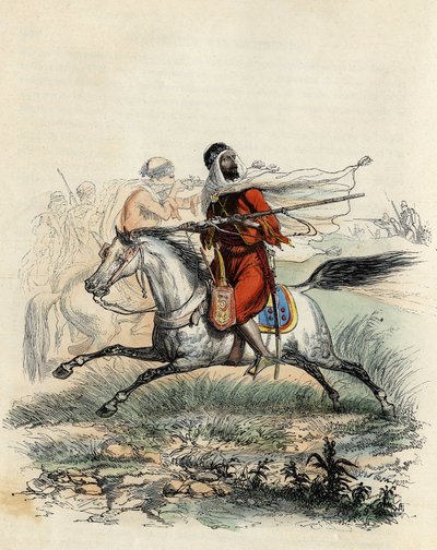 अमीर अब्द-अल-कादर के लाल घुड़सवार 1841 में ओरान में फ्रांसीसी सेना के घोड़े की पीठ पर शिकारियों द्वारा भाग गए, लियोन गैलिबर्ट द्वारा "एल'एल्गेरी एंसीन एट मॉडर्न" में द्वारा अज्ञात कलाकार