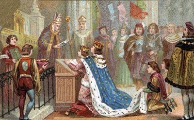 ब्रिटनी का फ्रांस से संबंध: लुई XII (1462-1515) ने ऐनी डी ब्रेटेन (1477-1514) से शादी की। उनकी शादी ने ब्रिटनी को फ्रांस (1499) के साथ फिर से जोड़ा। 19 वीं शताब्दी के उत्तरार्ध की क्रोमोलिटोग्राफी। द्वारा अज्ञात कलाकार