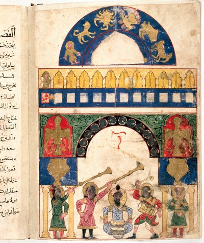 तुर्की के इंजीनियर इब्न अल-रज्जाज अल-जज़ारी (अल रज्जाज अल जज़ारी) (1136-1206) और एक कैलेंडर द्वारा डिज़ाइन की गई एक जल क्लेप्सीड्रा (घड़ी) का प्रतिनिधित्व। यह राशि चक्र, सूर्य, चंद्रमा के चक्र को अलग करता है द्वारा अज्ञात कलाकार