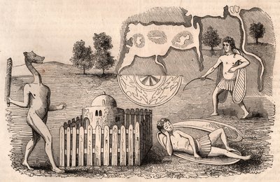 मध्ययुगीन जनजातियों और जानवरों की प्रजातियों का प्रतिनिधित्व: लंबे कान वाले पुरुष, एक सोते हुए, और एक गदा के साथ एक चिमरा द्वारा अज्ञात
