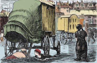 1750 में बेंजामिन बीले द्वारा आविष्कार किए गए स्नान केबिन का प्रतिनिधित्व: महिलाएं इस घोड़े द्वारा खींची गई वैगन से सीधे समुद्र तक पहुंचती हैं। "पंच पत्रिका" 1870 . से विनोदी चित्र द्वारा अज्ञात कलाकार