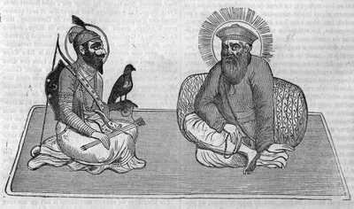 सिख धर्म (या सिख धर्म) के संस्थापकों का प्रतिनिधित्व: गुरु नानक (1469-1539) और गुरु गोबिंद सिंह (1666-1708)। "" ले पत्रिका सुरम्य"" 1836 . में द्वारा अज्ञात कलाकार