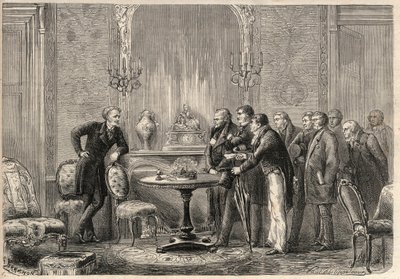 कॉमेडी फ्रैंकेइस में होनोर डी बाल्ज़ाक (1799-1850) द्वारा नाटक "" मर्कडेट "" (ले फैसुर) का प्रतिनिधित्व। अधिनियम III, दृश्य VI। "" ल 'विश्वविद्यालय शानदार" में उत्कीर्णन द्वारा अज्ञात कलाकार