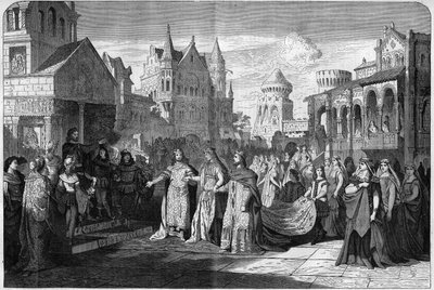 जर्मनी के म्यूनिख में रॉयल थिएटर में रिचर्ड वैगनर (1813-1883) द्वारा रोमांटिक ओपेरा "" लोहेनग्रिन "" का प्रतिनिधित्व, दूसरा अंतिम दृश्य। "द इलस्ट्रस यूनिवर्स" में उत्कीर्णन द्वारा अज्ञात कलाकार