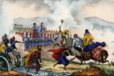 1837 में कॉन्स्टेंटाइन में अफ्रीका की फ्रांसीसी सेना द्वारा गठित वर्ग के सामने अरबों की सेवानिवृत्ति। लियोन गैलिबर्ट द्वारा "" स्टोरिया डी'एल्गेरी" में, वॉल्यूम। 2 द्वारा अज्ञात कलाकार