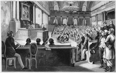 विएन 1848 में क्रांति - ऑस्ट्रिया के विएना में स्पेनिश राइडिंग स्कूल में जुलाई 1848 में पहली ऑस्ट्रियाई संविधान सभा (रीचस्वर्समलुंग) की बैठक। द्वारा अज्ञात कलाकार