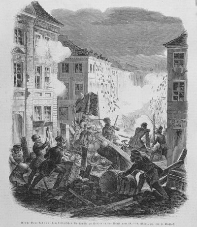 मार्च 1848 की क्रांति: 19/03/1848 को बर्लिन में बैरिकेड्स। प्रशिया के फ्रेडरिक विलियम IV को पुनर्मिलन और एक उदार सरकार को स्वीकार करने के लिए प्रेरित किया जाएगा। द्वारा अज्ञात कलाकार