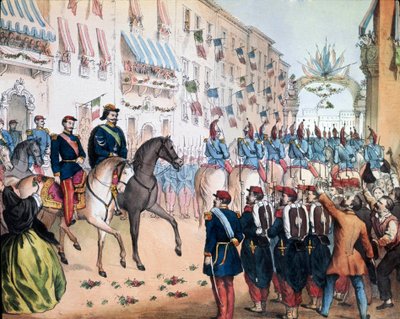 रिसोर्गिमेंटो: "" 08/06/1859 को मिलान में विक्टर इमैनुएल (विक्टर-इमैनुएल या विटोरियो इमानुएल) द्वितीय इटली के राजा और नेपोलियन III, फ्रांसीसी सम्राट का प्रवेश द्वार। रिसोर्गिमेंटो रोम का लिथोग्राफी राष्ट्रीय संग्रहालय द्वारा अज्ञात कलाकार