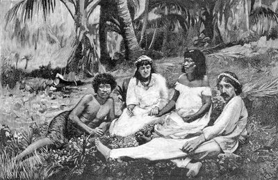 रॉबर्ट लुई स्टीवेन्सन (1850 - 1894) अपनी पत्नी के साथ समोआ में जहां उनका निवास वैलीमा में प्रकाशित हुआ था। 1890-1895 के आसपास उत्कीर्णन। द्वारा अज्ञात कलाकार