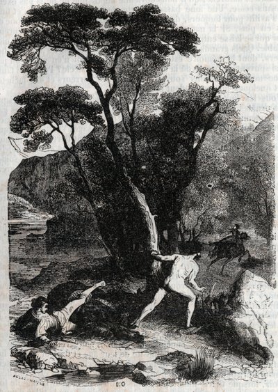 रोलांड एंजेलिक (एंजेलिका) का पीछा कर रहा है - लुडोविको एरियोस्टो द्वारा "" फ्यूरियस रोलैंड "" (ऑरलैंडो फ्यूरियोसो) (16 वीं शताब्दी) से 1851 की उत्कीर्णन, जिसे एरियोस्टो के रूप में जाना जाता है - काउंट ऑफ ट्रेसन द्वारा इतालवी से अनुवादित द्वारा अज्ञात कलाकार