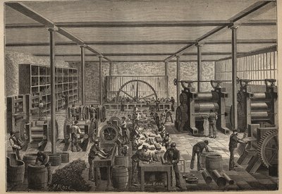 रबड़: रबड़ का कारखाना। एडोल्फ बिटार्ड द्वारा 1885 से "लेस आर्ट्स एट मेटियर्स इलस्ट्रेस" में उत्कीर्णन। द्वारा अज्ञात कलाकार