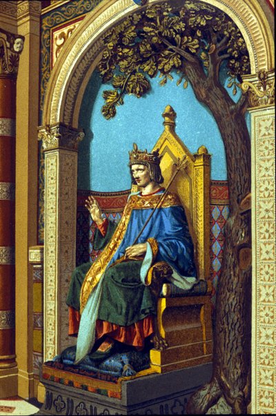 सेंट लुइस या लुई IX (1214 - 1270) न्याय प्रदान करते हैं। क्रोमोलिथोग्राफी। द्वारा अज्ञात कलाकार