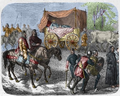 आलसी राजाओं का चित्रण करने वाला दृश्य: फ्रांस के राजा थियरी III (673-691) बैलों द्वारा खींचे गए बिस्तर के साथ एक टैंक में ले जाते हैं। द्वारा अज्ञात कलाकार