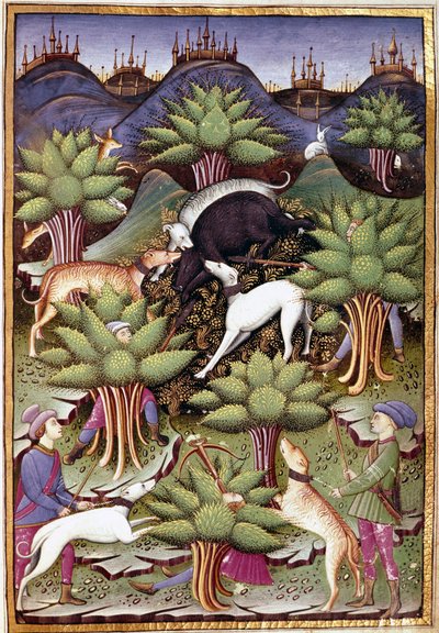 जंगली सूअर के शिकार का दृश्य "" से ट्रीट बाज़ और वेनेरी को ड्यूक ऑफ स्फोर्ज़ा के आदर्श वाक्य और प्रतीक के साथ "1459 (एमएस। 1375) चान्तिली, मुसी कोंडे द्वारा अज्ञात कलाकार