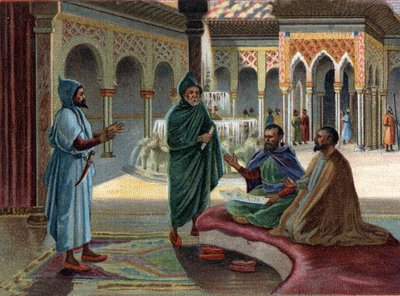 गायब राज्यों के दृश्य: ग्रेनाडा में अलहम्ब्रा पैलेस में मूरिश काउंसिल (मूरिश, अरबों को दिया गया नाम जो स्पेन के हिस्से पर कब्जा कर लिया था)। ग्रेनाडा अंतिम मूरिश राज्य है, जो १४८२ में समाप्त हुआ। १९वीं शताब्दी की क्रोमोलिथोग्राफी। द्वारा अज्ञात कलाकार