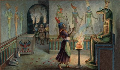 लापता राज्यों के दृश्य: मिस्र के मकबरे में अंतिम संस्कार समारोह। पुनः प्राप्त करने वाला फिरौन, जो पूजा के महायाजक के रूप में अपनी क्षमता में, अपने पूर्ववर्तियों के सम्मान में बलिदानों का प्रभारी था, विशेष रूप से भगवान के सामने एक अधिकारी के रूप में कब्जा क द्वारा अज्ञात कलाकार