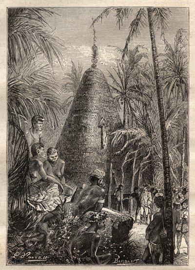 कैप्टन जेम्स कुक (1728-1779) द्वारा दूसरी यात्रा (1772-1775): पारंपरिक गोलाकार घर, काफी ऊंचाई (न्यू कैलेडोनिया) की छत पर - "18 वीं शताब्दी के महान नाविक" से लिया गया चित्रण। द्वारा अज्ञात कलाकार