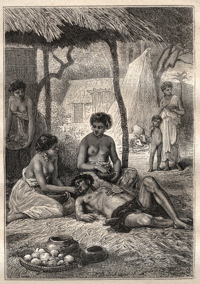कप्तान जेम्स कुक (1728-1779) की दूसरी यात्रा (1772-1775): एक द्वीप जिसने अपना दिन अपनी पत्नियों (ताहिती) द्वारा निगल लिया - "18 वीं शताब्दी के महान नाविक" से लिया गया चित्रण द्वारा अज्ञात कलाकार