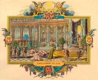 1686 में राजा लुई XIV के दरबार में सियाम के राजदूत। उत्कीर्णन। निजी संग्रह द्वारा अज्ञात कलाकार