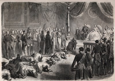नेपोलियन III (1808-1873), यूजेनी (यूजेनिया डी मोंटिजो) की उपस्थिति में फॉनटेनब्लियू में एक गंभीर दर्शकों के दौरान सियाम के राजदूत फ्रांसीसी साम्राज्य परिवार की ओर रेंगते हैं द्वारा अज्ञात कलाकार