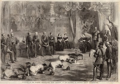 विंडसर कैसल की यात्रा के दौरान सियाम के राजदूत महारानी विक्टोरिया इरे (1819-1901) और प्रिंस अल्बर्ट (1819-1861) के पास रेंगते थे। ५ दिसंबर १८५७ के "द इलस्ट्रेटेड लंदन न्यूज" में उत्कीर्णन। द्वारा अज्ञात कलाकार